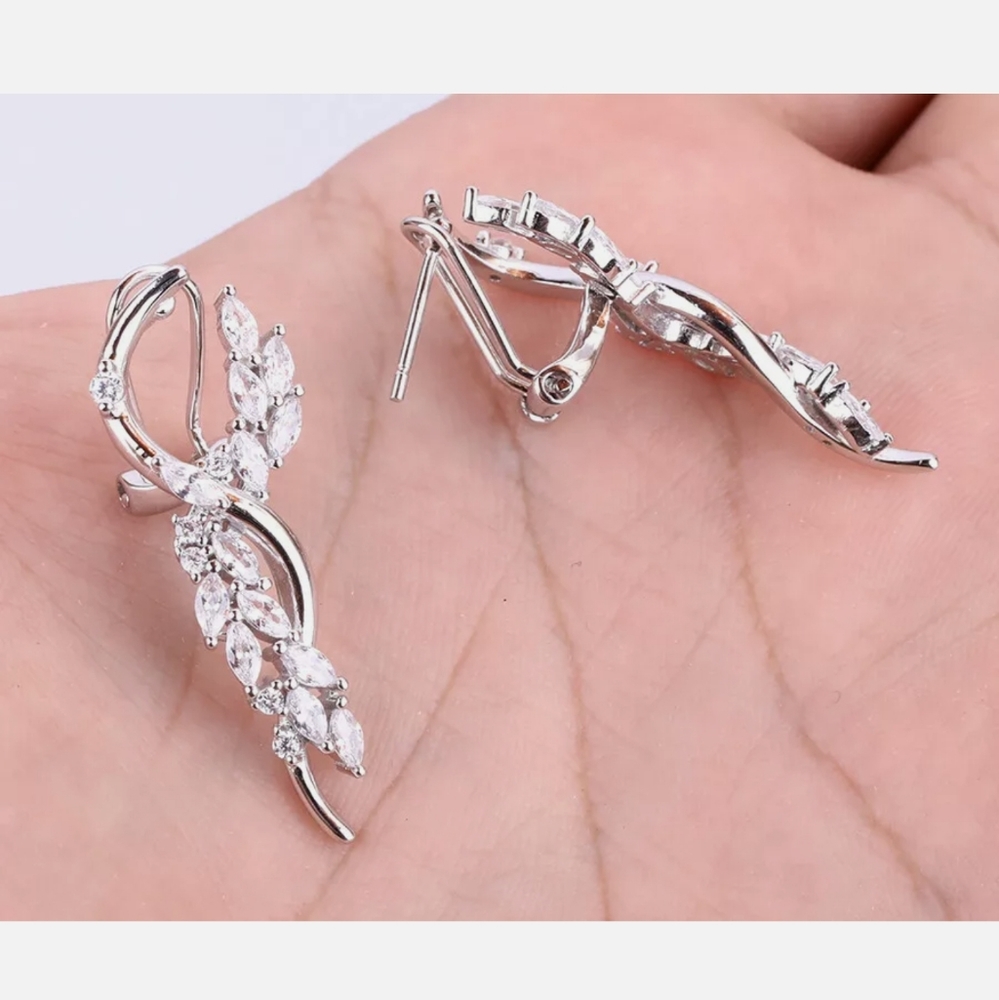 White sapphire &sterling floral fern earrings - Picture 2 of 4